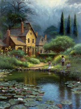 スイレンの池のそばの子供たちと子犬 ペットの子供たち Oil Paintings